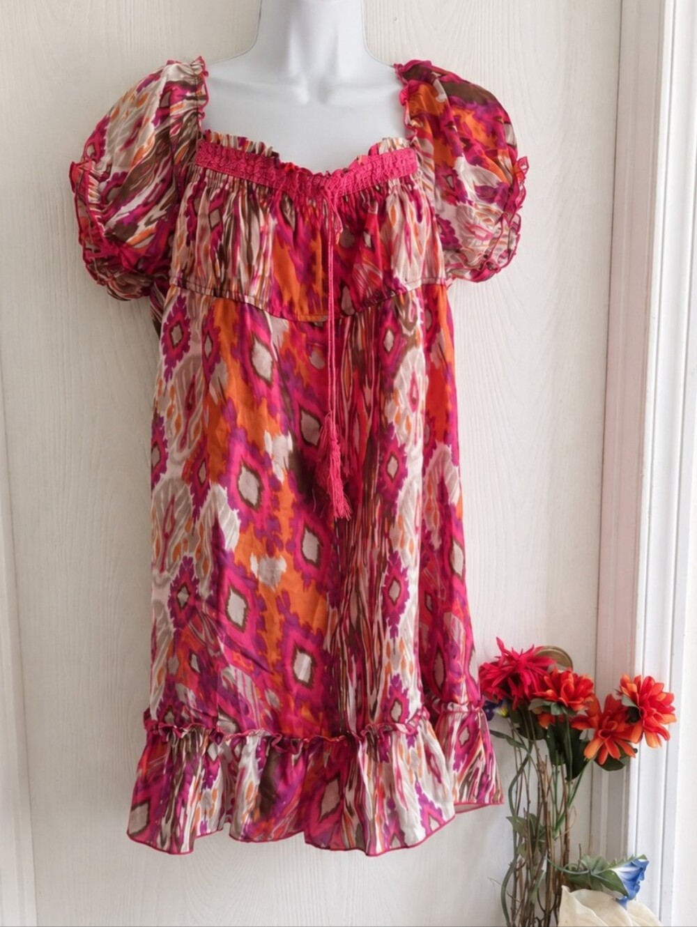 Costa Blanca | Luxe Silk Boho Tassel Tiered Dress Size Large Elasticized Bodice - Picture 2 of 10